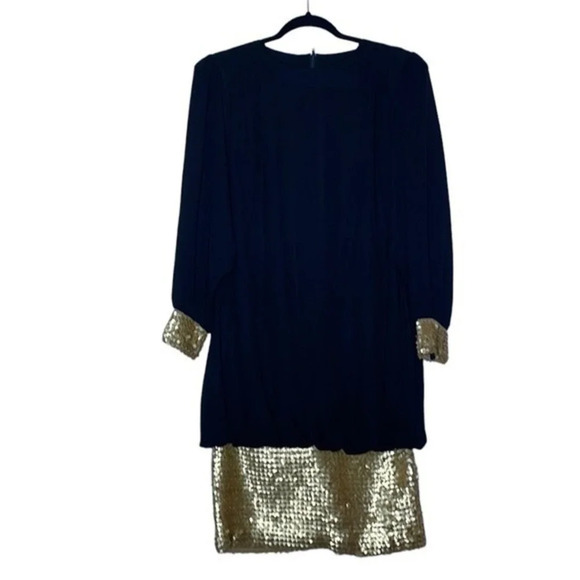 𝅺Vintage Chez California Designed by Tandy Black & Gold Sequined Dress Size 14W - Picture 1 of 7